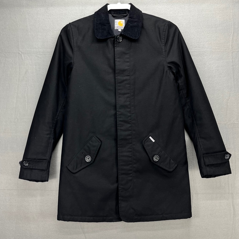 Carhartt Harris Black Canvas Chore Trench Coat Corduroy Collar Quilted Jacket XS